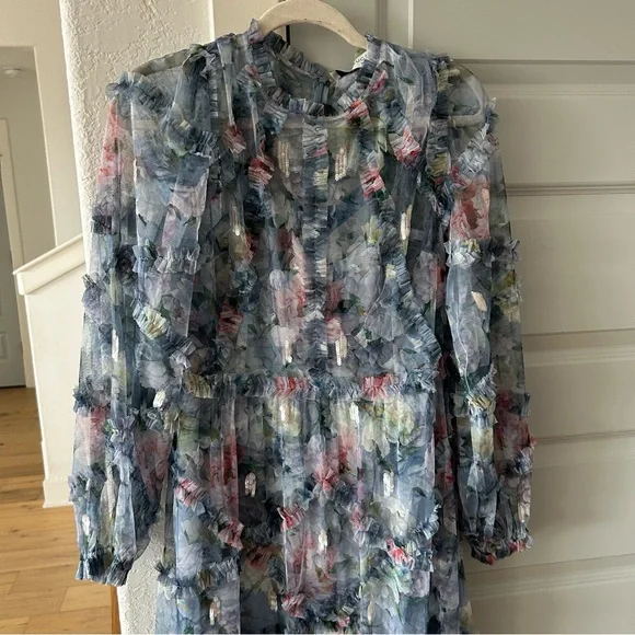 NWT 8098 Mac Duggal Long Sleeve High Neck Floral Ruffle Gown - Picture 7 of 10